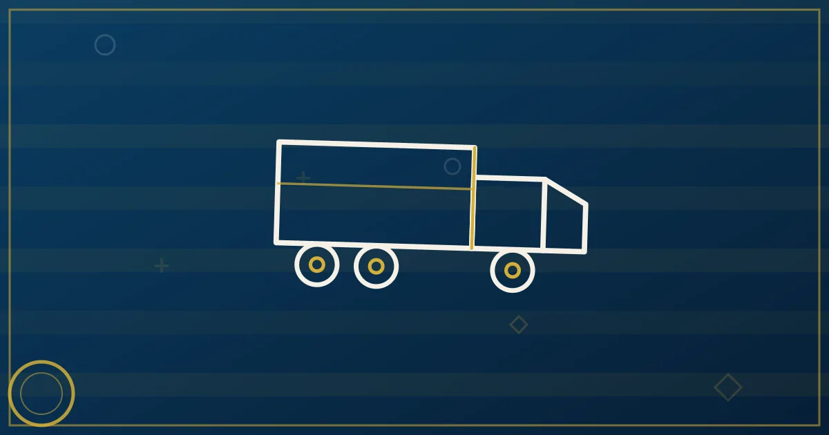 Lapis-blue and gold abstract art of a semi truck near the Seattle skyline and Space Needle over Elliott Bay