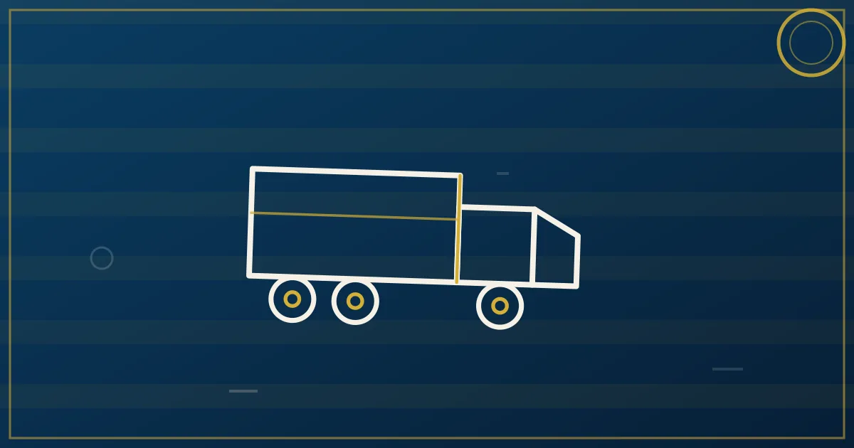 Lapis-blue and gold abstract art of a semi truck on a prairie highway with grain elevators and storm clouds