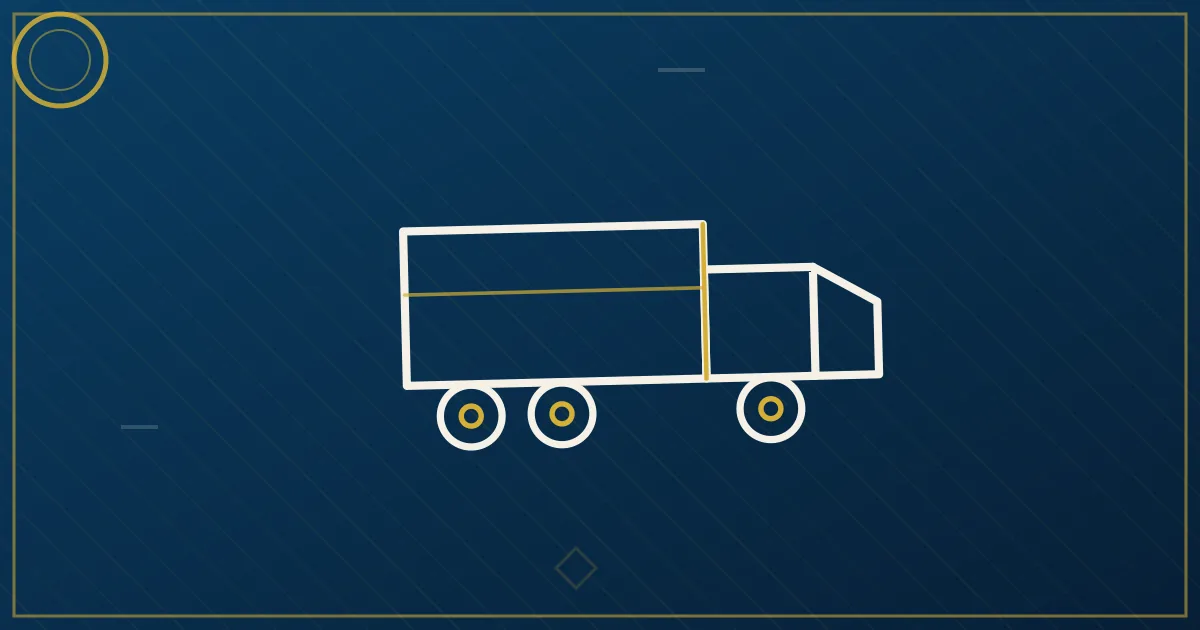 Lapis-blue and gold abstract art of a semi truck on an interstate through pine forest with wheat fields alongside