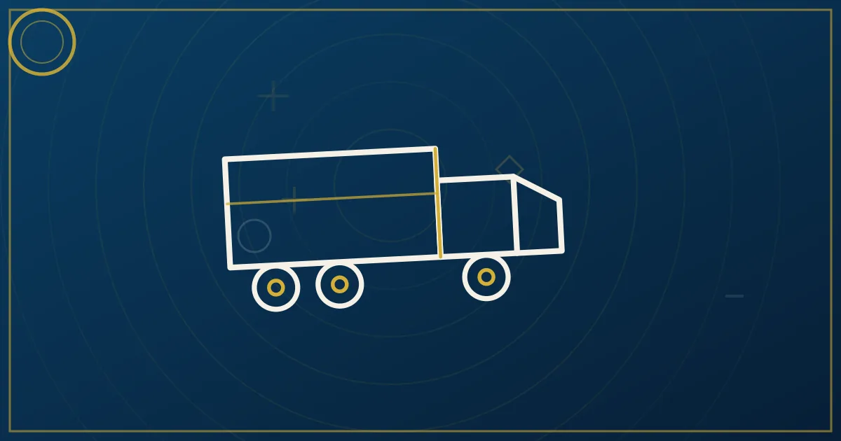Lapis-blue and gold abstract art of a semi truck on a highway through rolling Ozark hills with forests