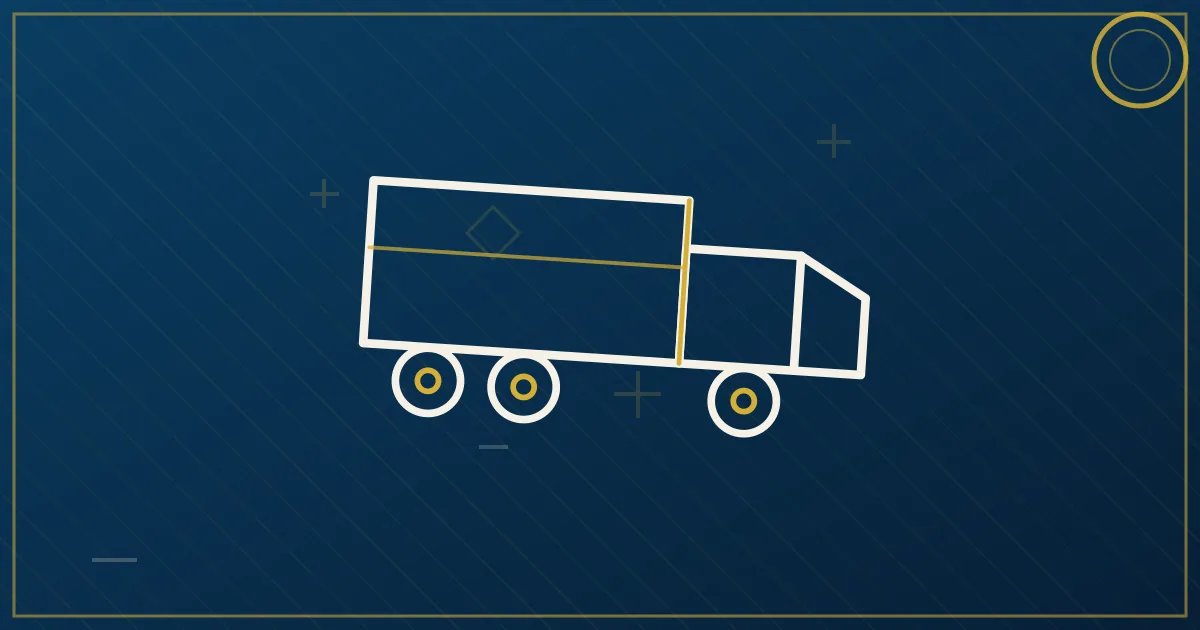 Lapis-blue and gold abstract art of a semi truck near the Gateway Arch and downtown St. Louis skyline