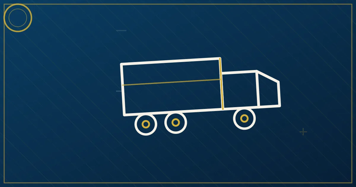 Lapis-blue and gold semi-truck illustration near the Tulsa downtown skyline and Arkansas River, no text