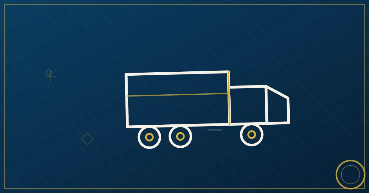 Lapis-blue and gold illustration of a calculator, freight documents, and a highway route map on a desk