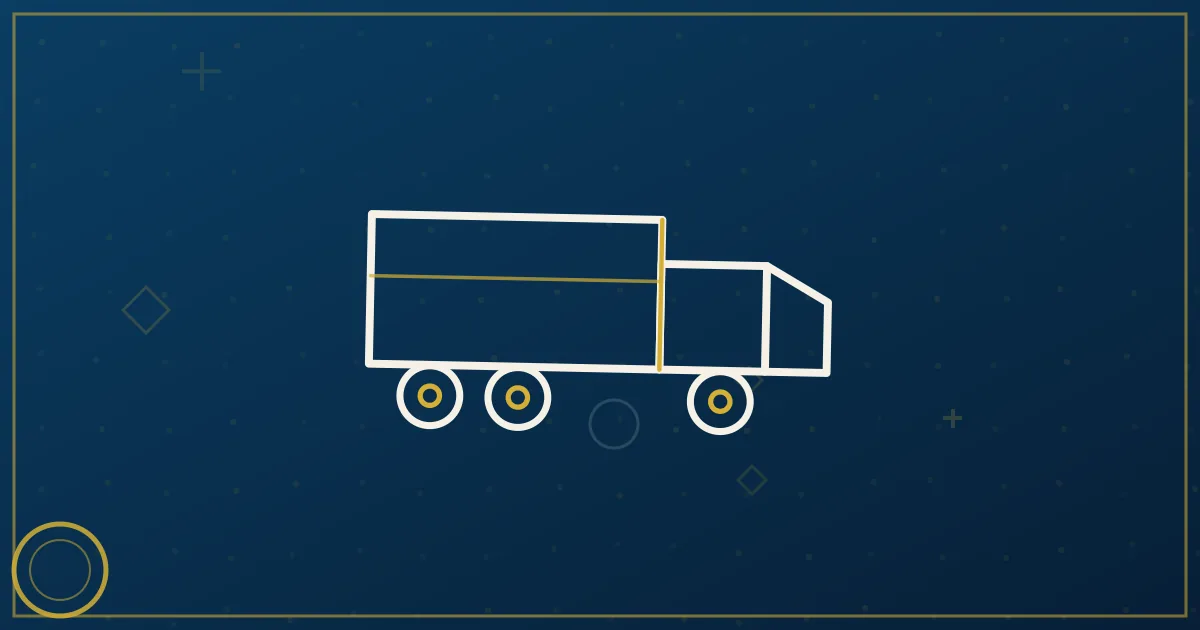 Lapis-blue and gold illustration of a semi-truck on a highway beneath a large protective shield marked with coverage tiers