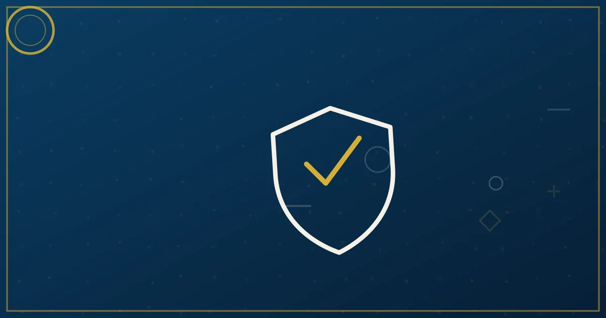 Line-art of two overlapping shields at a border gate with a checklist ribbon threading through both