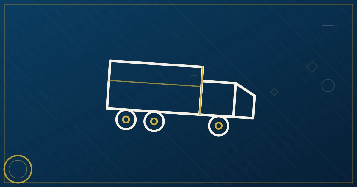 Lapis-blue and gold illustration of a semi truck on a highway at night with mailbox motifs representing mail hauling