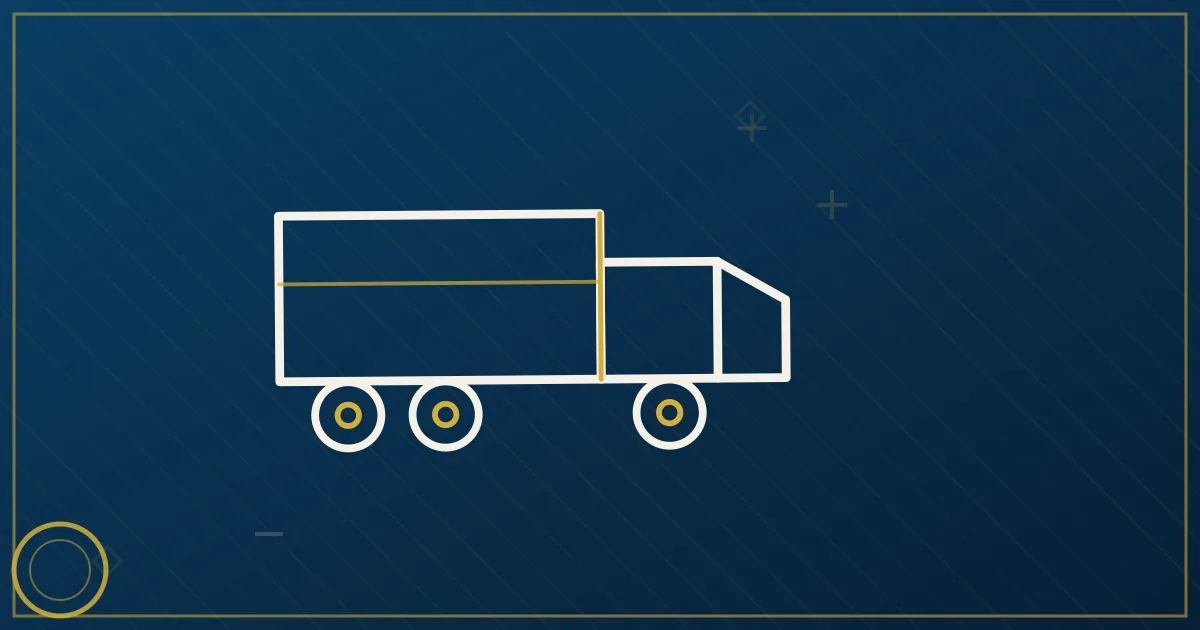 Line-art single semi on a weekly calendar grid, route arrows to port, highway, and warehouse icons, a revenue gauge