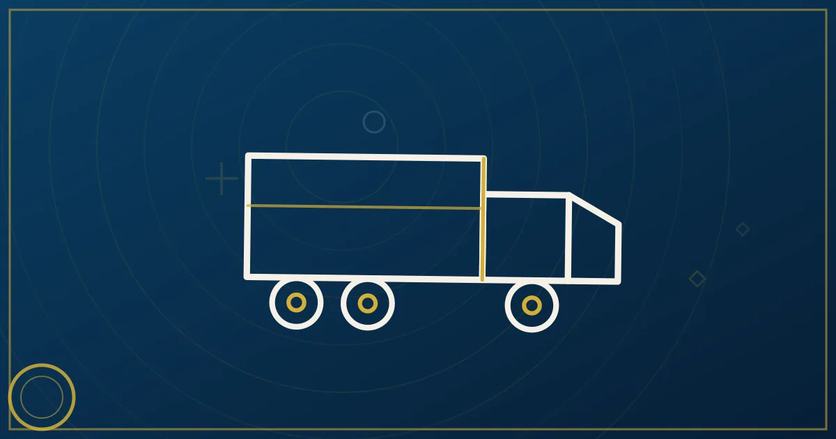 Lapis-blue and gold illustration: walking floor trailer unloading mulch. No text, no people, no flags.