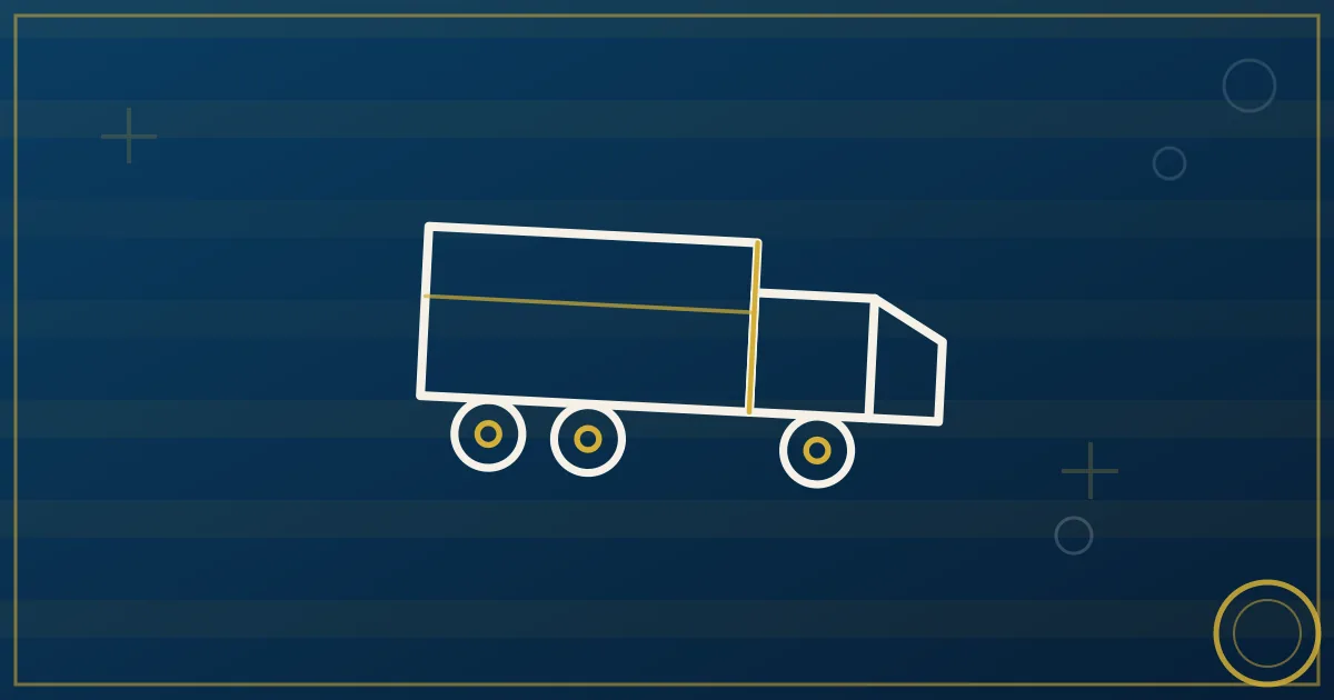 Lapis-blue and gold illustration of a semi truck driving on a highway at night under a moonlit sky with city lights